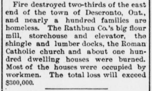 Daily Public Ledger report on Deseronto fire of 25 May 1896