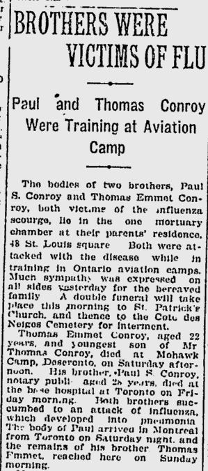 Conroy brothers' deaths reported in Montreal Gazette, 14 Oct 1918